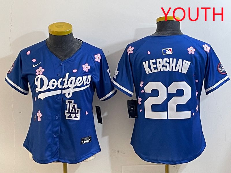 Youth Los Angeles Dodgers #22 Kershaw Blue White Blue Sakura Edition 2025 Nike MLB Jersey style 9->youth mlb jersey->Youth Jersey
